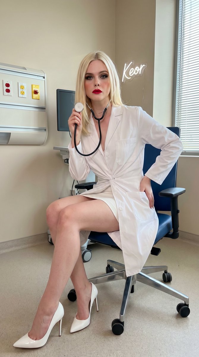 一位令人惊艳的女士，酷似安雅·泰勒-乔伊（Anya Taylor-Joy），铂金色蓬松波浪卷发，梳成经典好莱坞卷发造型，自信地坐在现代医疗检查…, 图片 4