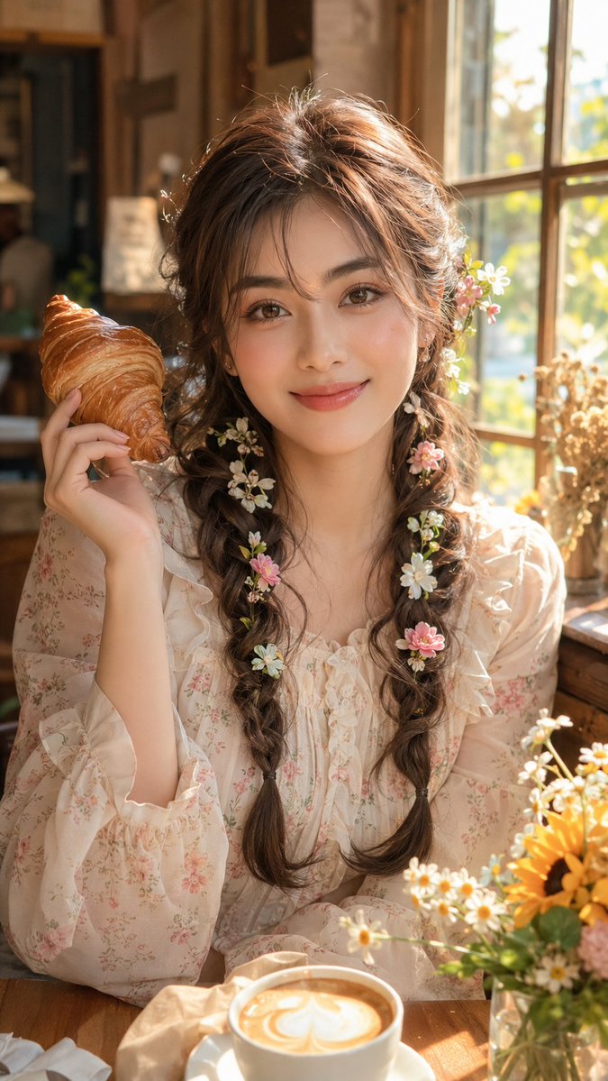 电影感超写实肖像照:一位美丽年轻的亚洲女性优雅地坐在一家温馨有氛围感的咖啡馆内,紧邻一扇宽大的木框窗户,温暖的自然阳光倾洒而入,柔和的金色晨光…, 图片 1