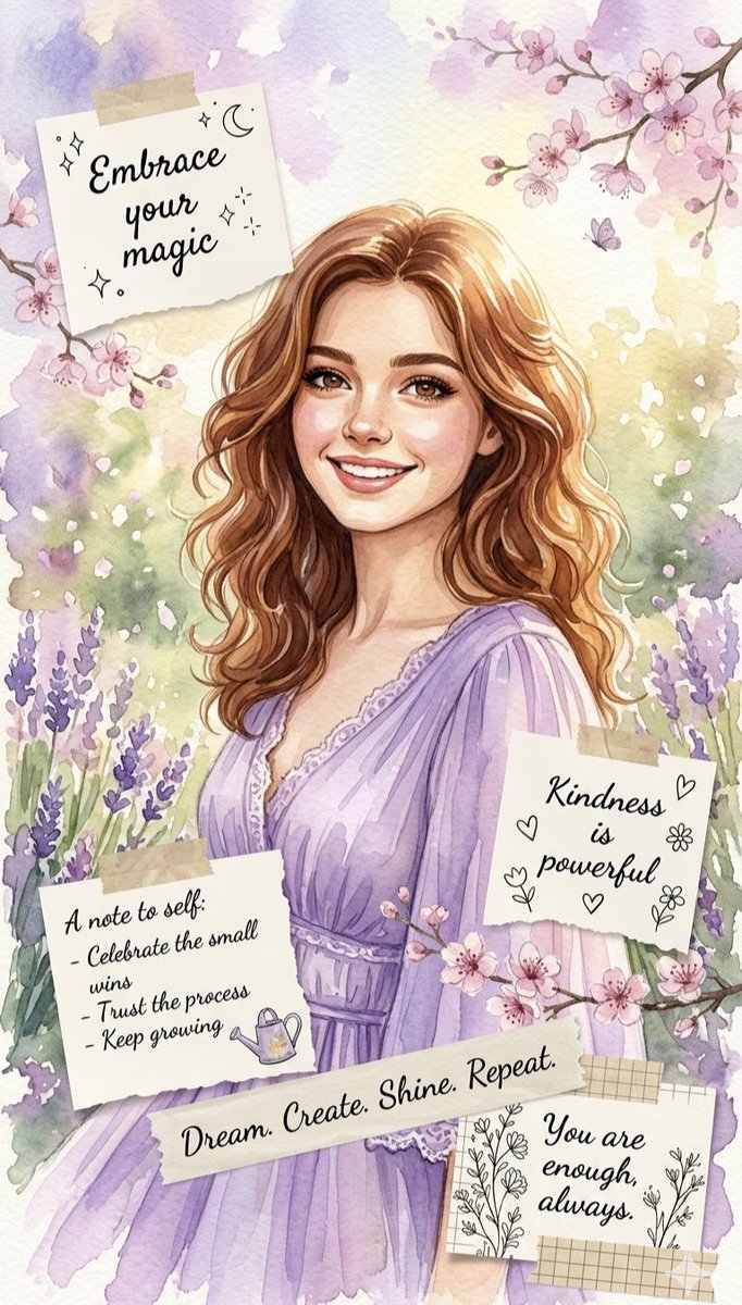 一幅美丽的水彩插画,画中是一位微笑着的年轻女子,留着长长的波浪状棕色长发,身着飘逸的紫色长裙。她身处宁静的背景之中,周围环绕着柔和的紫色薰衣草…, 图片 1