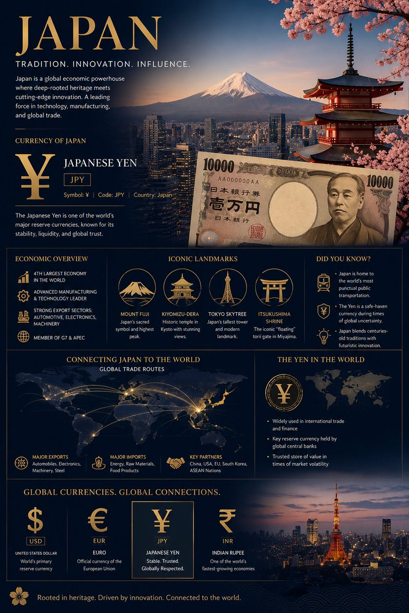 “关于日本全球经济与文化影响力的超详细信息图海报，奢华金融杂志美学，深海军蓝与金色配色方案，电影级编辑版面，包含日落时分的富士山、闪烁着光芒的…, 图片 1