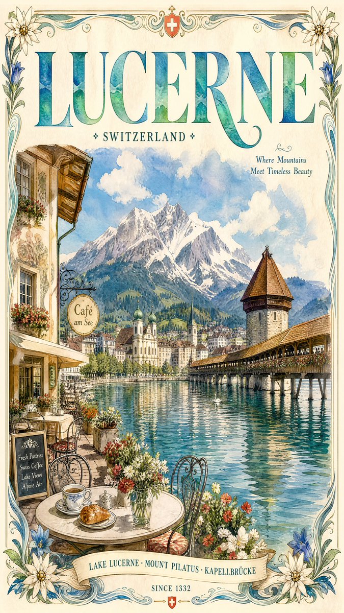 复古水彩旅行海报插画，描绘您的城市，优雅的目的地艺术作品，捕捉明亮自然的白天氛围，以俯瞰穿城而过的平静反光河流或湖泊的浪漫咖啡馆露台为特色，配…, 图片 1