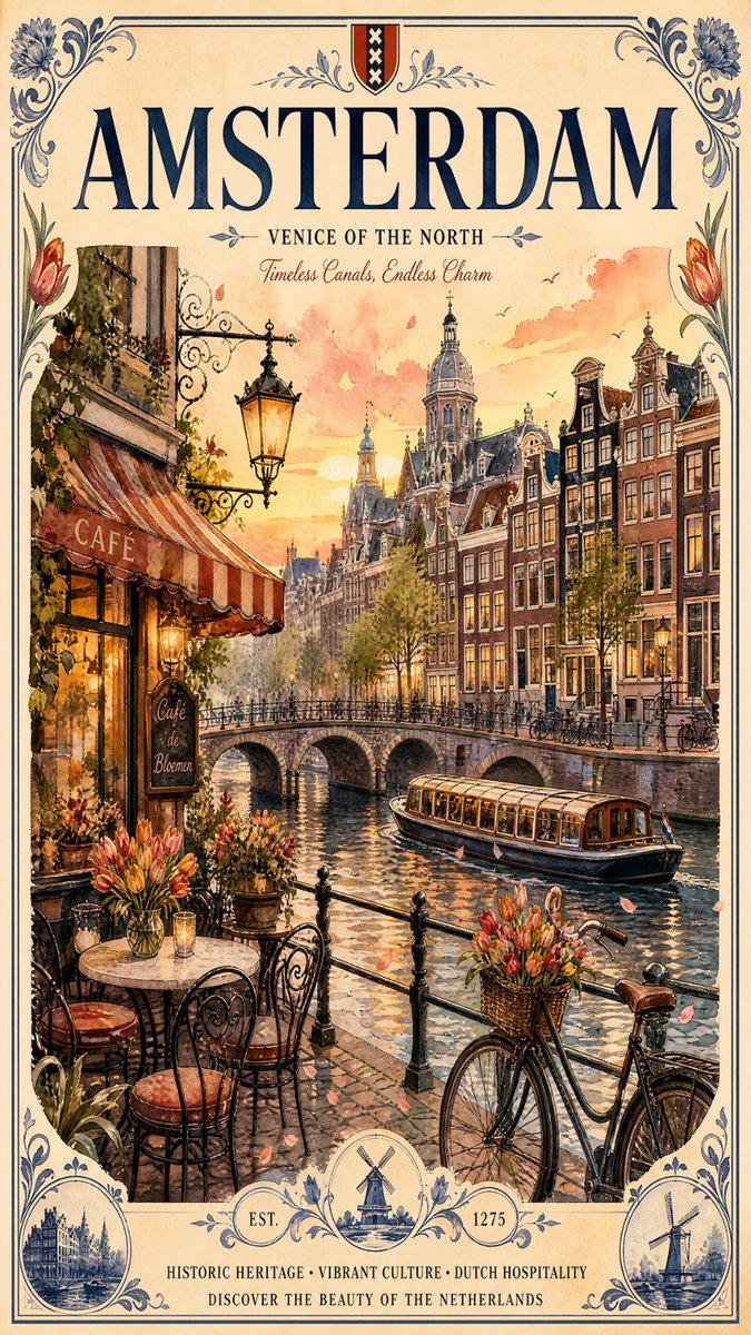 复古水彩旅行海报插画，描绘您的城市，优雅的目的地艺术作品，捕捉明亮自然的白天氛围，以俯瞰穿城而过的平静反光河流或湖泊的浪漫咖啡馆露台为特色，配…, 图片 3