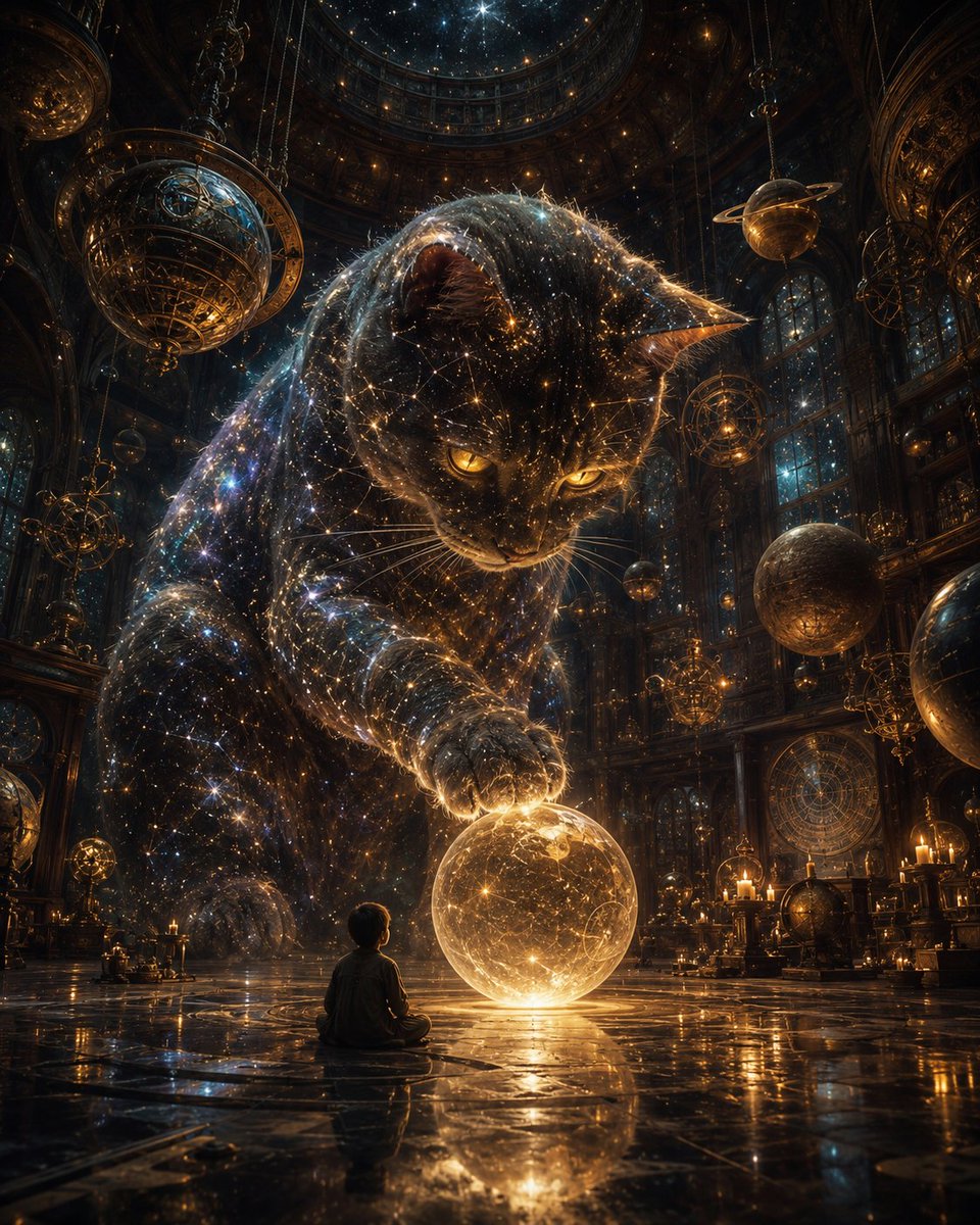一只由星辰与星系构成的巨大宇宙猫，置身于一座烛光摇曳、浩瀚广阔的天体厅堂之中，它那散发着金色光芒的双眸照亮了悬浮的行星球体与精妙繁复的天文器具…, 图片 3