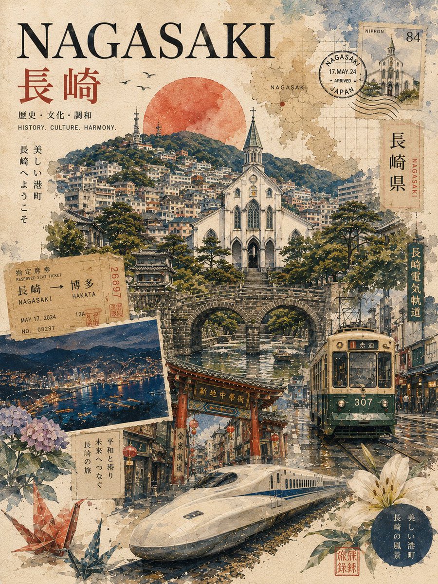 复古风格的长崎日本旅行拼贴海报，采用怀旧的水彩与水墨混合媒介风格设计，带有做旧纸张纹理和复古旅游美学。中心构图描绘了标志性的白色天主教堂矗立于…, 图片 1