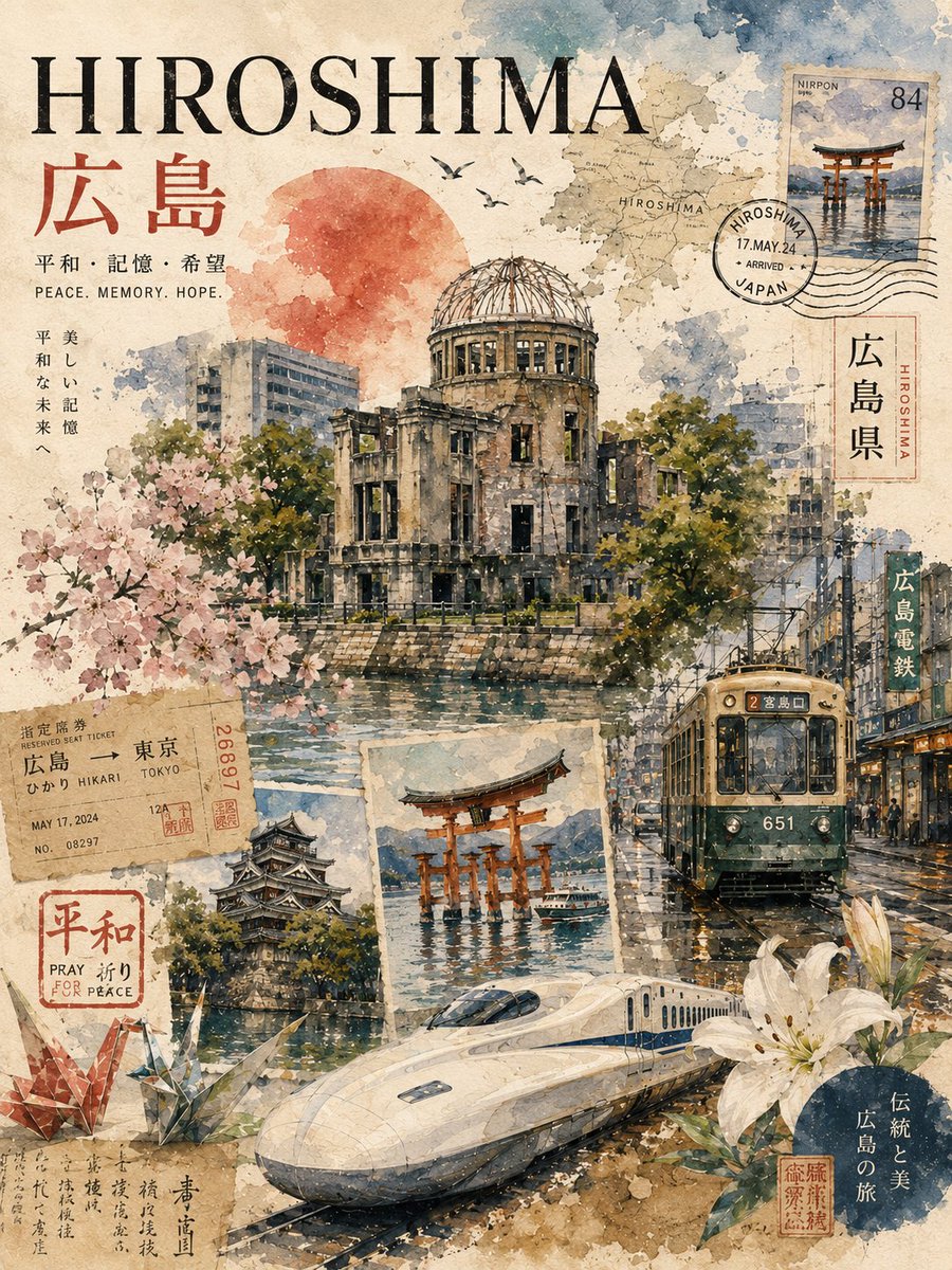 复古风格的长崎日本旅行拼贴海报，采用怀旧的水彩与水墨混合媒介风格设计，带有做旧纸张纹理和复古旅游美学。中心构图描绘了标志性的白色天主教堂矗立于…, 图片 2