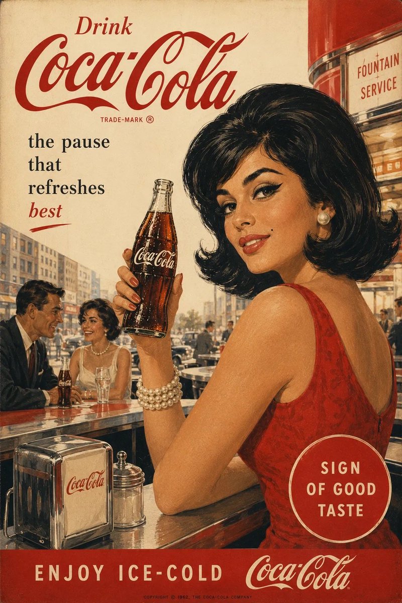 正宗的1960年代美国[ Brand]品牌广告海报，复古中世纪商业插画，[PERSON DESCRIPTION]手持一冰冰凉的[Brand]玻…, 图片 1