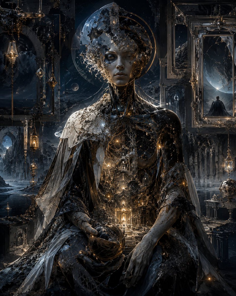 一位由碎裂的象牙瓷与黑色宇宙物质构成的庄严天神形象,端坐于古老的维度圣殿之中,大教堂般的建筑从她胸腔内部发光,仿佛整个文明都存在于她的躯体之内…, 图片 1