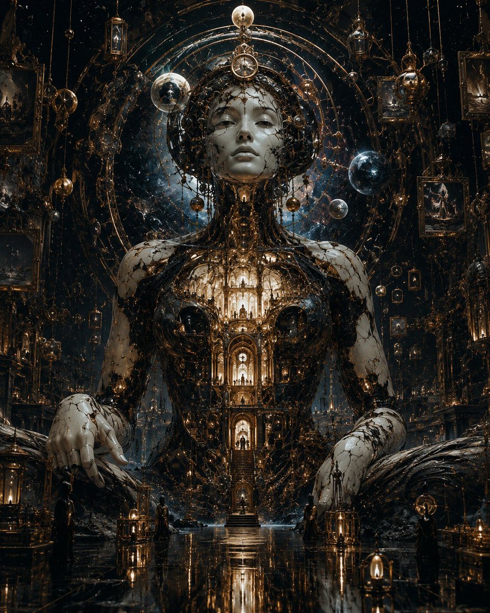 一位由碎裂的象牙瓷与黑色宇宙物质构成的庄严天神形象,端坐于古老的维度圣殿之中,大教堂般的建筑从她胸腔内部发光,仿佛整个文明都存在于她的躯体之内…, 图片 2