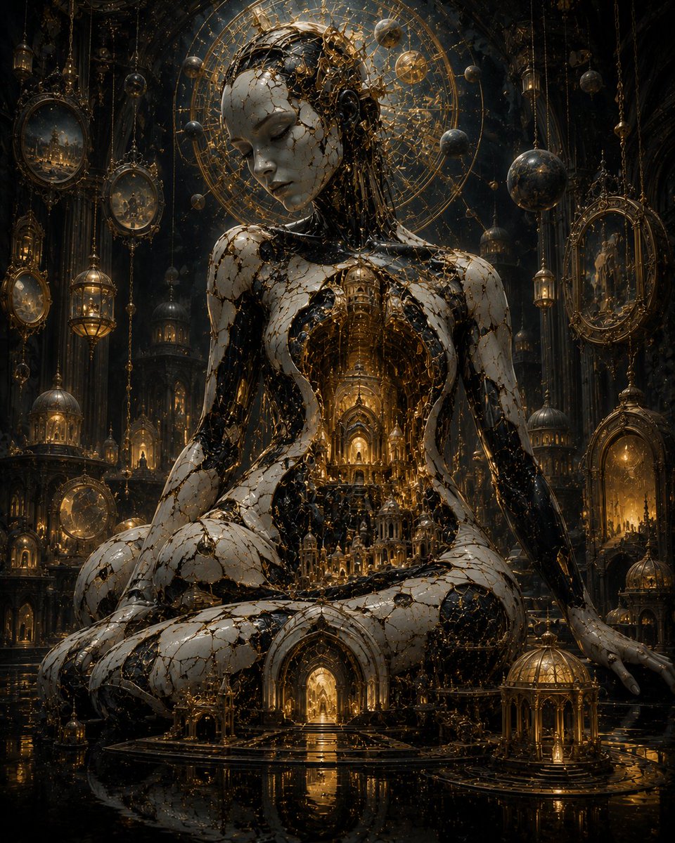 一位由碎裂的象牙瓷与黑色宇宙物质构成的庄严天神形象,端坐于古老的维度圣殿之中,大教堂般的建筑从她胸腔内部发光,仿佛整个文明都存在于她的躯体之内…, 图片 4
