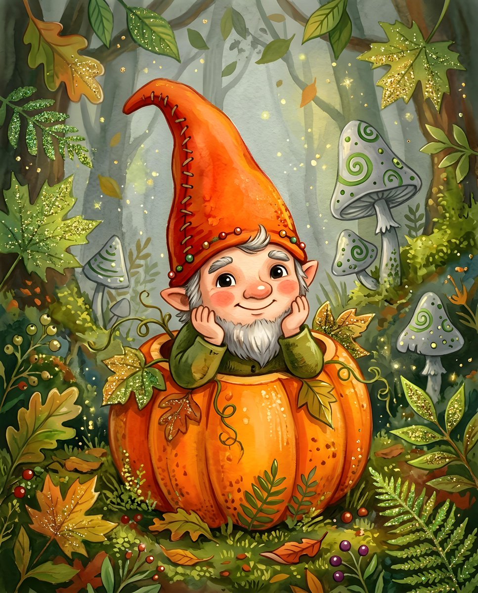 一幅充满奇趣的插画中,有一位小矮人戴着一顶大大的橙色尖帽,帽子上装饰着红色的缝线。小矮人长着一张圆圆的脸庞,有着一双又大又黑的眼睛、红扑扑的脸…, 图片 1