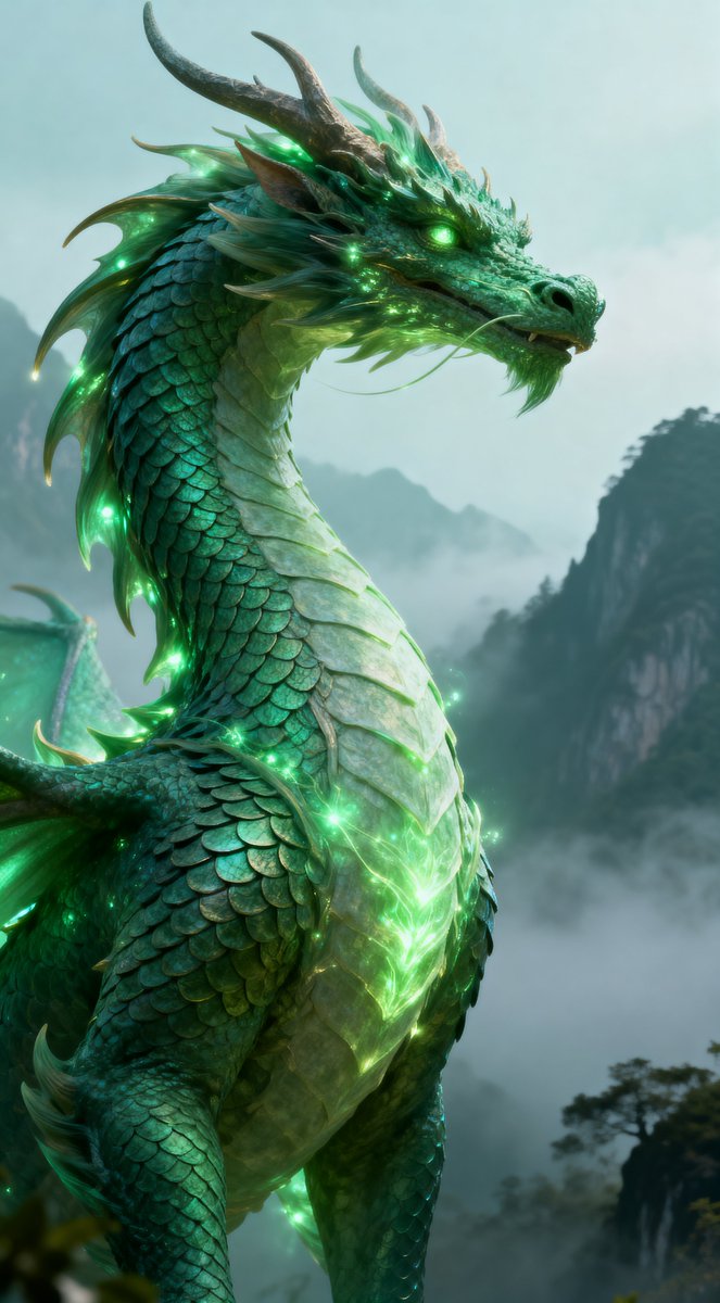 威严的远古翡翠绿龙，全身肖像，昂首挺立，姿态优雅，鳞片散发柔和的魔法光芒，神情温柔而有力，雾气缭绕的山峦背景，鳞片细节精致复杂，电影级奇幻光影…, 图片 1