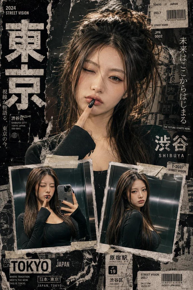创作一张大胆的 Y2K 日系街头编辑风拼贴海报,采用干净的顶级时尚杂志美学,带有粗犷的纸张质感、撕碎的杂志剪报、做旧的墨水飞溅和灵感来自都市东…, 图片 1