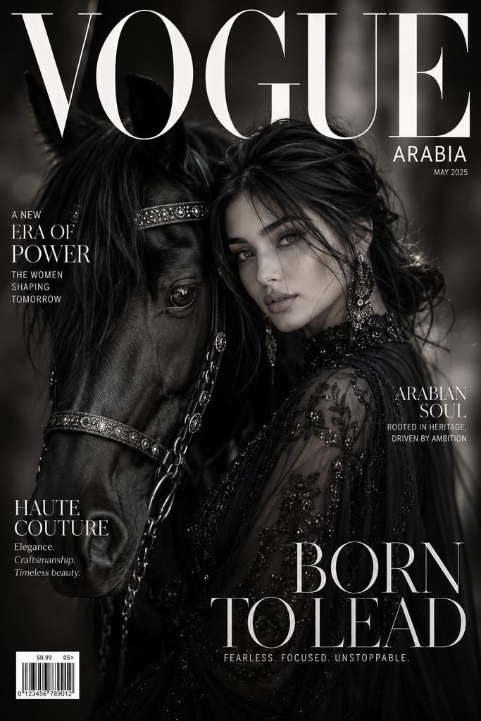 极致奢华版《Vogue Arabia》杂志封面，一位令人屏息的阿拉伯女性，拥有柔美女性气质、摄人心魄的杏仁形双眸、无瑕发光肌肤、丝滑飘逸的深色…, 图片 1