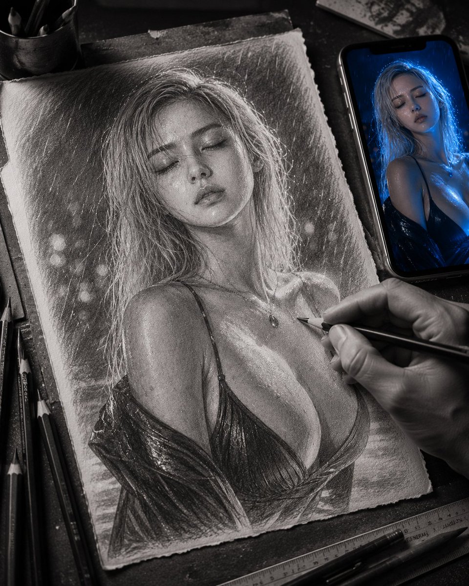 超精细的石墨铅笔素描，描绘一位美丽的女孩，留着短而凌乱的黑波波头，柔和的雀斑，大而有神的眼睛，佩戴圈形耳环，嘴唇光泽亮丽，身穿黑色高领衫和米色…, 图片 1