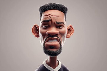 [名人]的高度风格化3D caricature，有着超大的头部、表情丰富的面部特征和充满趣味的夸张效果。以平滑精致的风格渲染，材质干净，环境光…, 图片 1