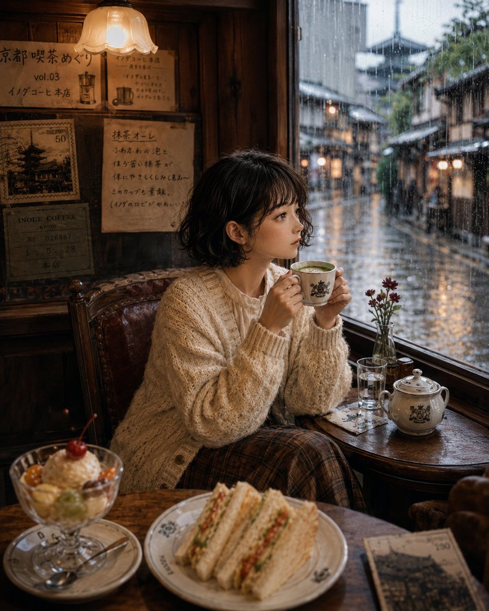 超写实日本女性,坐在京都一家复古咖啡馆内,外面下着雨,身穿米色超大号开衫和格纹长裙,在雾气蒙蒙的窗户旁捧着一杯温热的抹茶拿铁,真实木质内饰搭配…, 图片 1