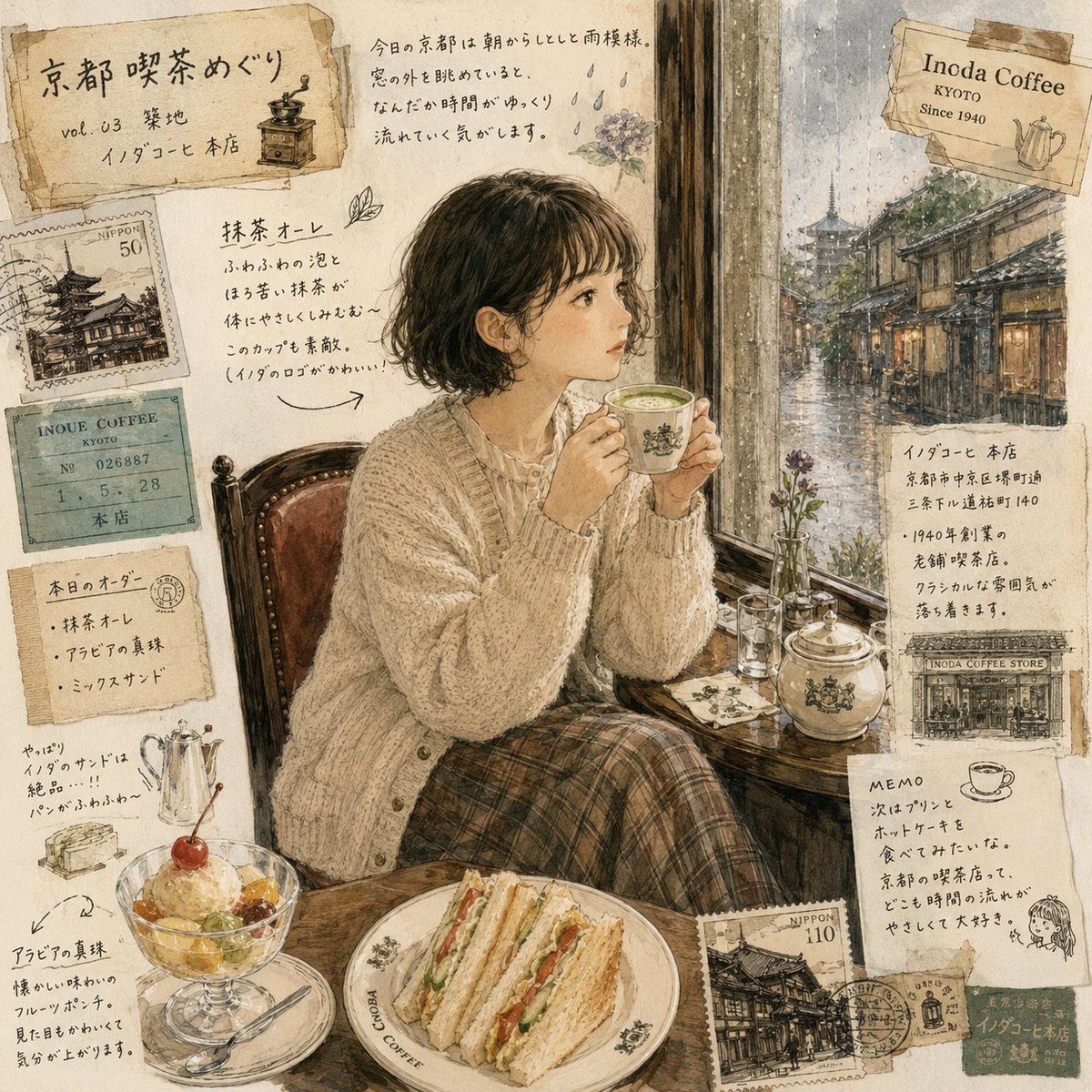 超写实日本女性,坐在京都一家复古咖啡馆内,外面下着雨,身穿米色超大号开衫和格纹长裙,在雾气蒙蒙的窗户旁捧着一杯温热的抹茶拿铁,真实木质内饰搭配…, 图片 2