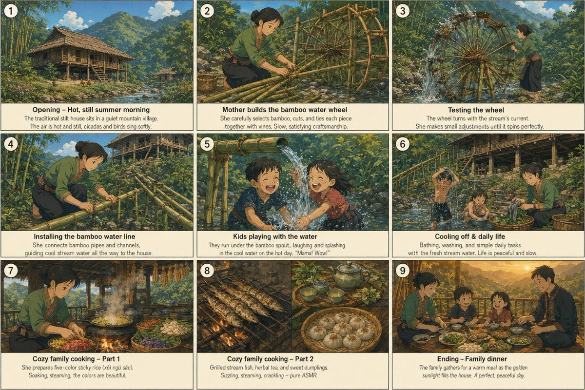 九格手绘分镜脚本，展现山村里一个慵懒温暖的夏日，电影感构图，柔和绘画笔触，细节丰富。分镜从炎热清晨到金色日落依次为：竹林清溪边的传统木质吊脚楼…, 图片 1