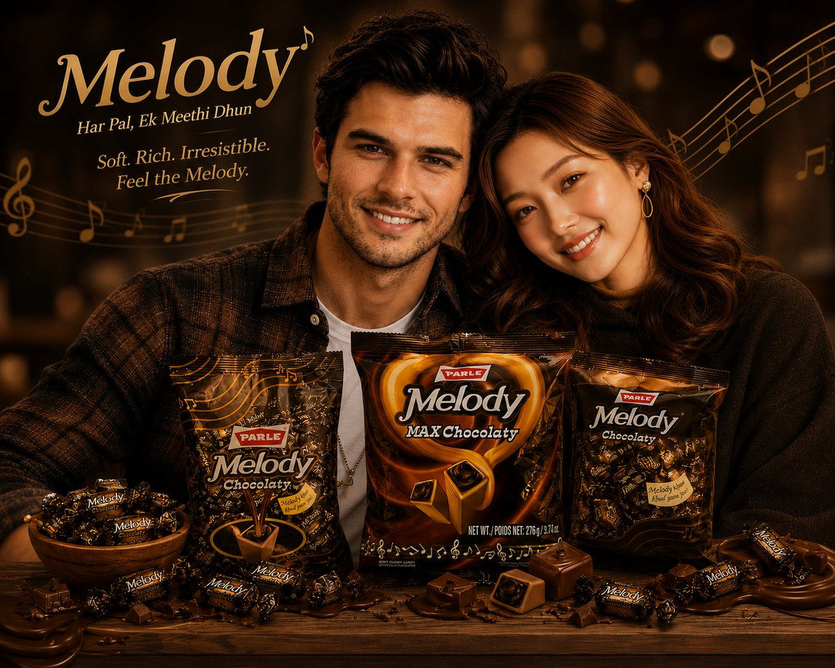 Parle Melody 太妃糖超写实高级商业广告,温暖电影感的巧克力棕色调色,舒适的奢华咖啡馆氛围,背景有金色散景灯光,左侧英俊年轻男子自信…, 图片 1