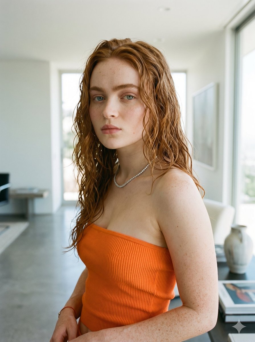 一张高分辨率的室内人像照片,画面中是 Sadie Sink,她直视镜头,表情中性。她有一头长长的、湿润质感的波浪状红发,垂落在肩膀两侧,面部和…, 图片 1