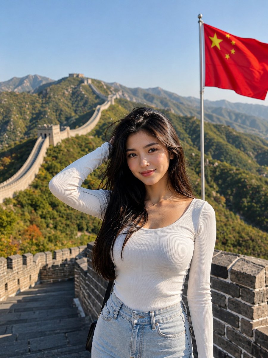 超写实旅行人像：一位美丽的年轻东亚女性站在中国长城上，沐浴在明亮的金色日光中，自信地摆着姿势，带着温柔自然的微笑直视镜头。一只手轻触发丝，姿态…, 图片 2