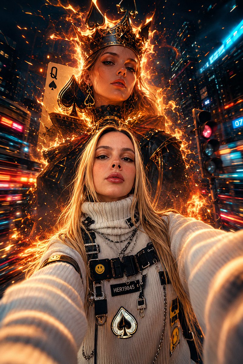 超精细电影级赛博朋克女王肖像：来自附件图片中的一名强悍年轻女子，夜间在霓虹灯光的城市中以低角度广角镜头自拍，她穿着一件 oversized 白…, 图片 1