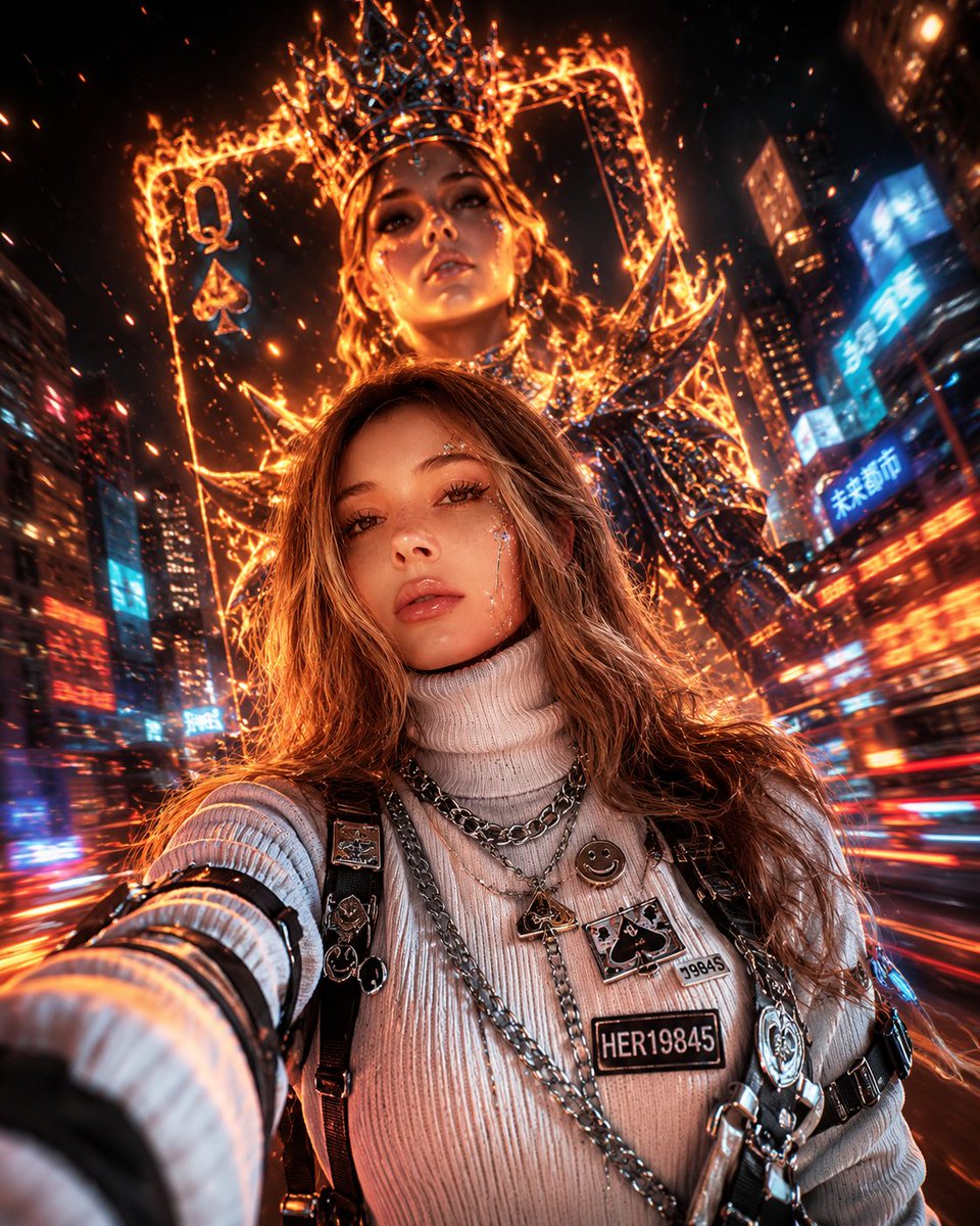 超精细电影级赛博朋克女王肖像：来自附件图片中的一名强悍年轻女子，夜间在霓虹灯光的城市中以低角度广角镜头自拍，她穿着一件 oversized 白…, 图片 2