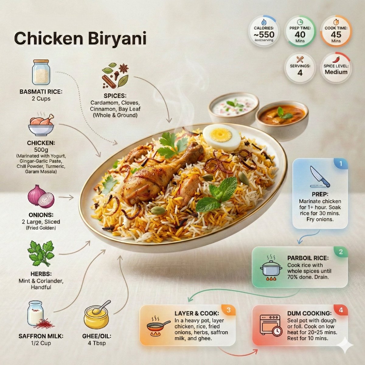 现代编辑风格食谱信息图。主角是一盘装盘完成的印度比尔亚尼饭(biryani),以诱人的成品形式呈现,采用轻微的透视或倾斜视角,而非平铺的俯视。…, 图片 1
