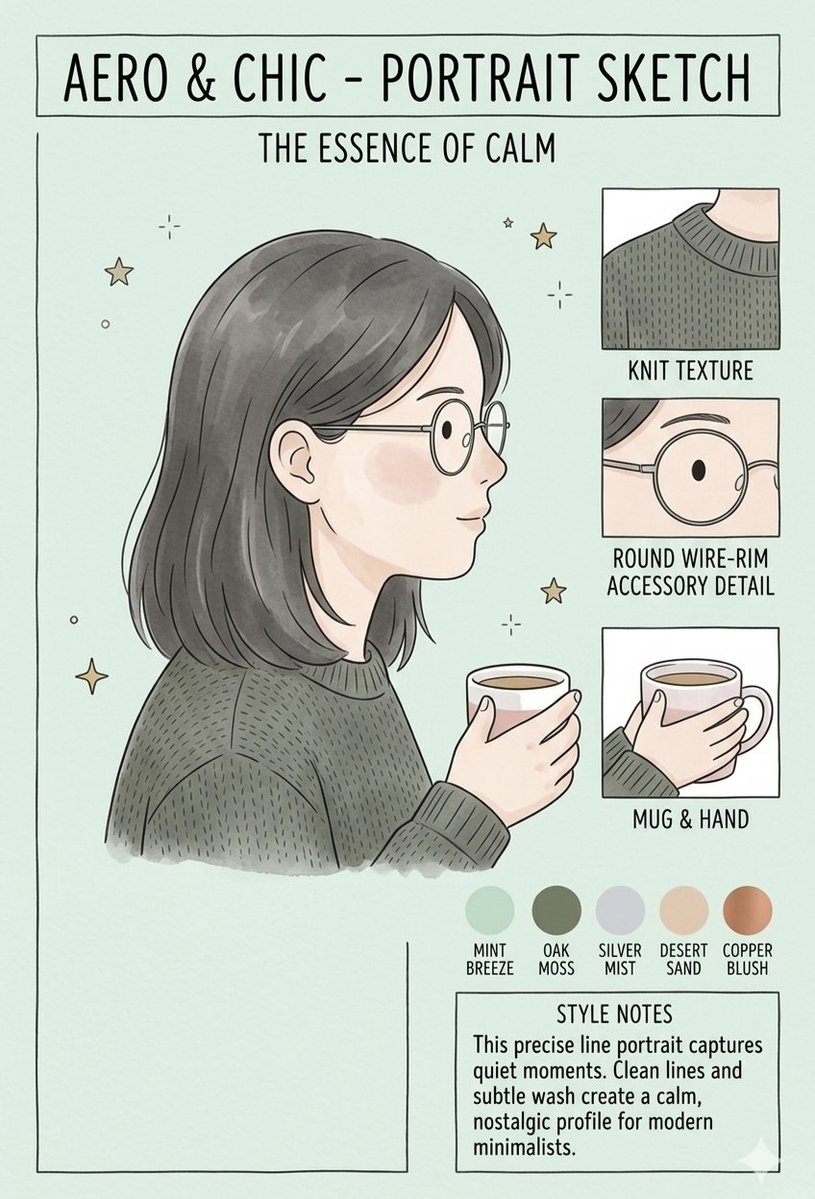 一张极简风格的人物肖像速写图，呈现干净利落的"Aero & Chic"美学。画面包含两位人物——一位中长深色头发女性的侧面像，以及一位深色整齐…, 图片 1