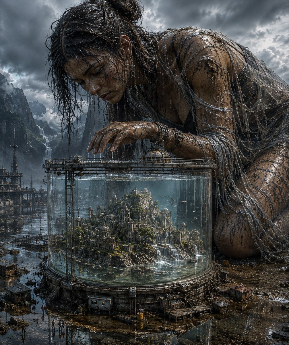 一个疲惫不堪的巨型女人蜷缩在一个透明的玻璃密封容器旁边，容器中装着一座微缩的岛屿文明，精致而脆弱的岩石地形和微小的建筑结构被封闭在充满水的容器…, 图片 1