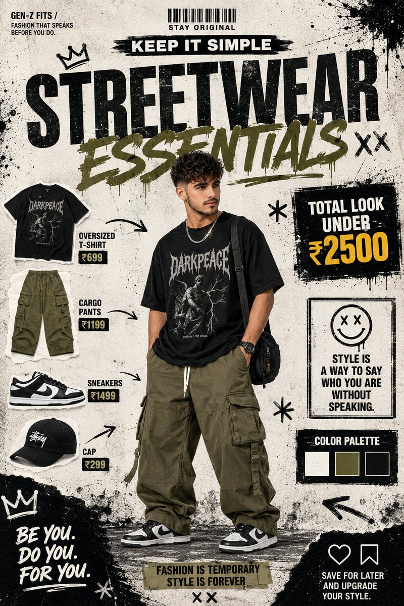 一张 Gen-Z 街头服饰时尚海报,采用粗粝的城市平面设计风格,以白色/米白色做旧背景,画面中遍布黑色墨水飞溅、笔刷笔触和做旧纹理。中心主体:…, 图片 1