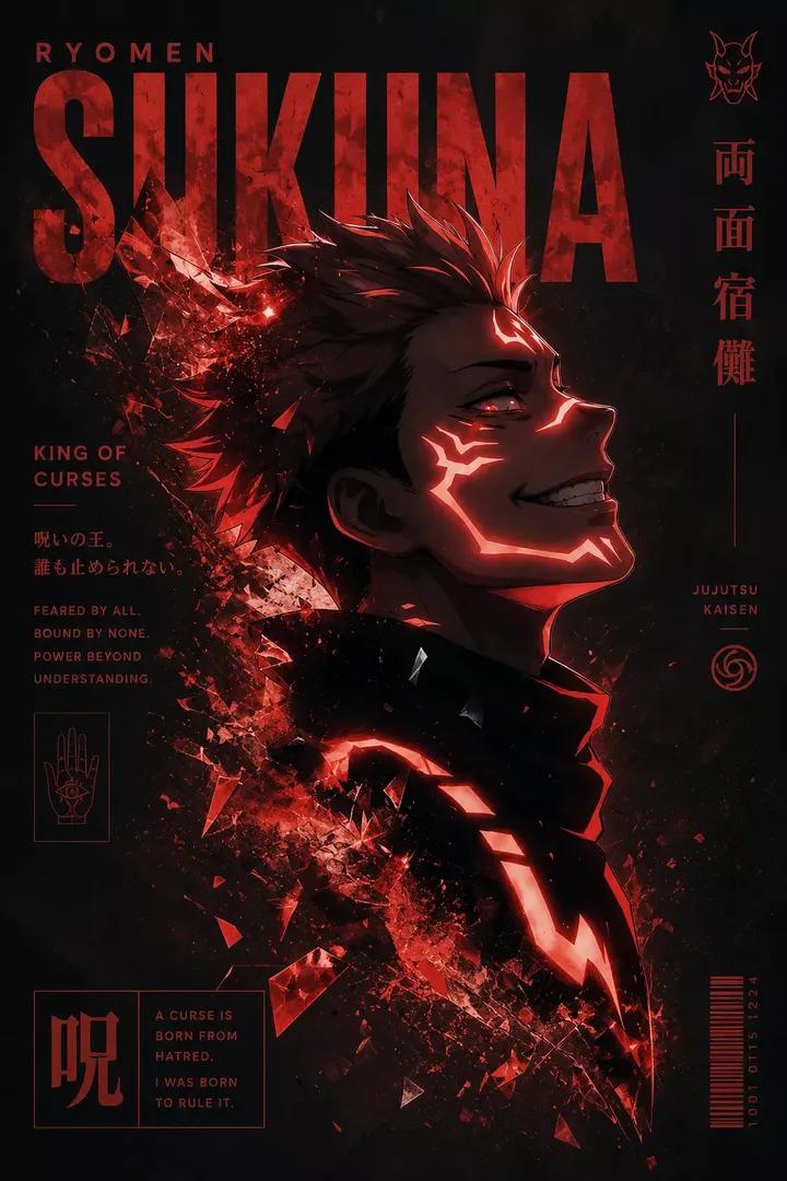 深色动漫风格海报,男性角色,粉红色尖刺状头发,侧脸仰望,露出自信的咧嘴笑容并显出牙齿。面部、颈部和胸口有发光的红色部落诅咒纹路。背景为黑色,伴…, 图片 1