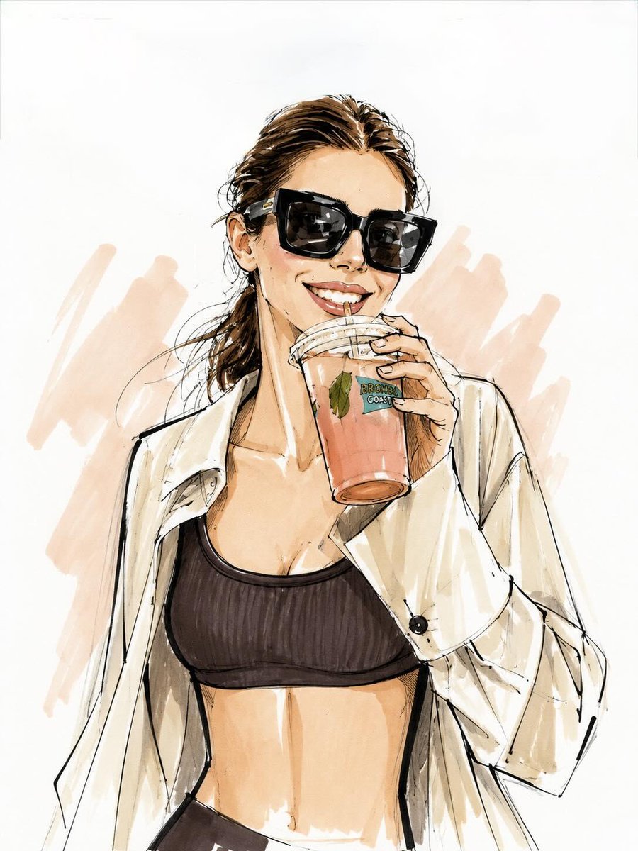 将这张照片变成 Vogue 风格的时尚插画,保留人物身份和面部特征。极简手绘时装素描,拥有优雅修长的比例、大胆的黑色墨水轮廓、松散自信的线条、…, 图片 2