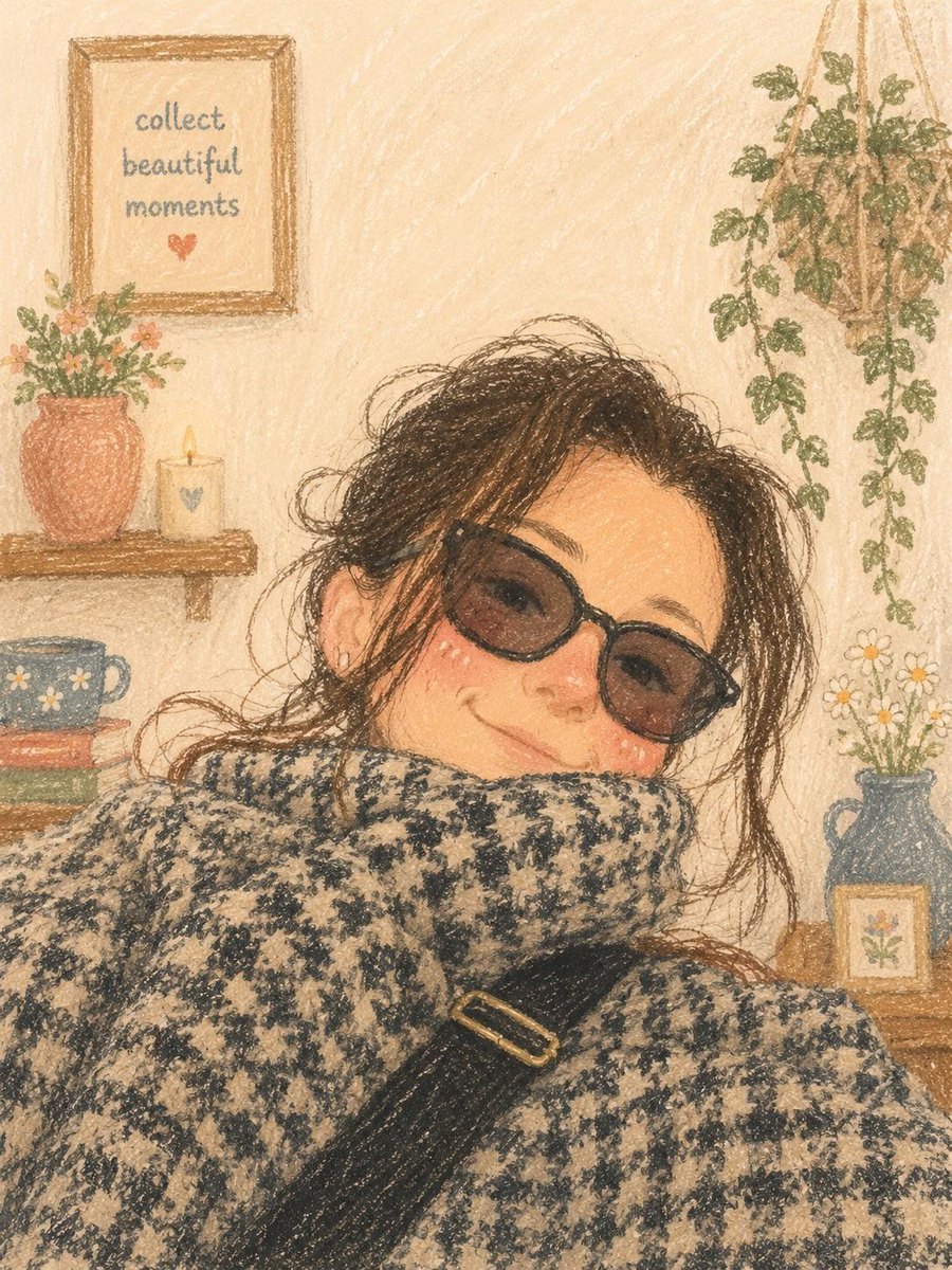 可爱温馨的油画棒插画,柔软有质感的蜡笔艺术风格,少女美学的自拍肖像,温暖田园风格的卧室氛围,梦幻手绘数字绘画,复古童书插画风格,柔和的粉彩色调…, 图片 2