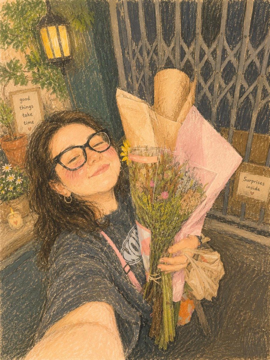 可爱温馨的油画棒插画,柔软有质感的蜡笔艺术风格,少女美学的自拍肖像,温暖田园风格的卧室氛围,梦幻手绘数字绘画,复古童书插画风格,柔和的粉彩色调…, 图片 3