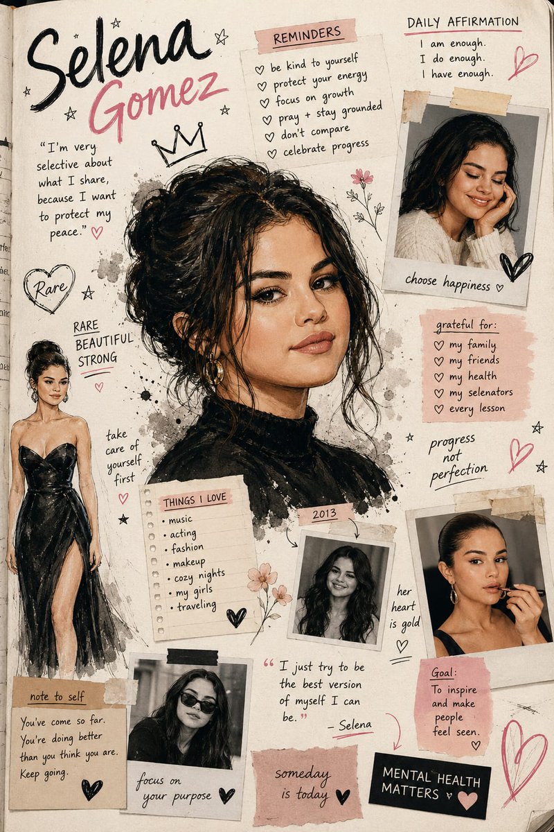 创作一幅令人惊艳的赛琳娜·戈麦斯(Selena Gomez)灵感的日记拼贴海报,采用混合媒介水彩与墨水插画风格。以一幅高度细节化的写实中央肖像…, 图片 1