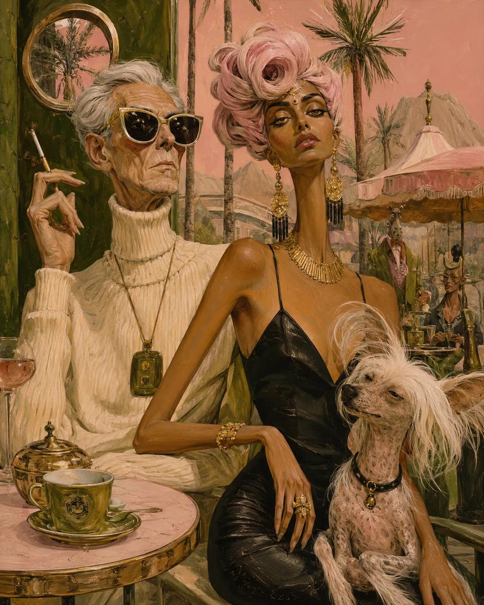 超现实的中世纪编辑插画，画面中有一位古怪的[MAN DESCRIPTION]、一位优雅的[WOMAN DESCRIPTION]以及一只[ANI…, 图片 1