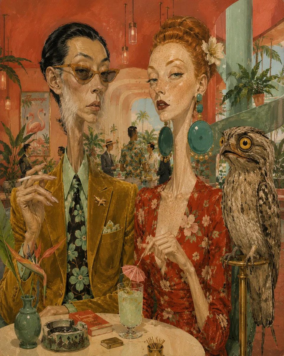 超现实的中世纪编辑插画，画面中有一位古怪的[MAN DESCRIPTION]、一位优雅的[WOMAN DESCRIPTION]以及一只[ANI…, 图片 3