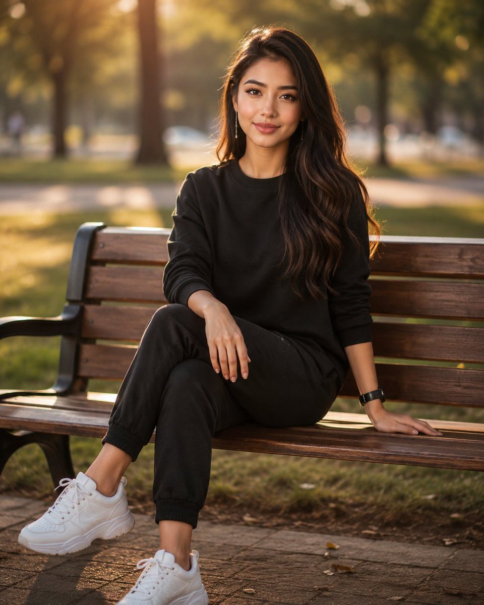 一张全身写实风格的人像摄影:一位年轻女性坐在一张木质公园长椅上,沐浴在柔和的黄金时刻光线中,深棕色长波浪卷发如瀑布般披落在双肩,身穿简约的黑色…, 图片 1