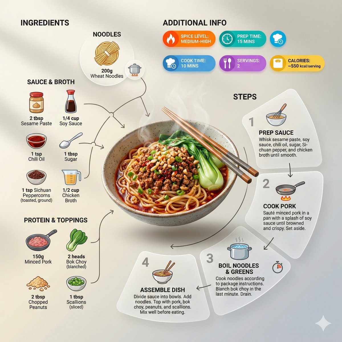 超干净现代风格的食谱信息图,以面条为主角。以倾斜或透视角度展示成品碗面(切分、装盘或分份),呈现微妙的悬浮层次感,而非扁平的俯视视角。在餐盘周…, 图片 1