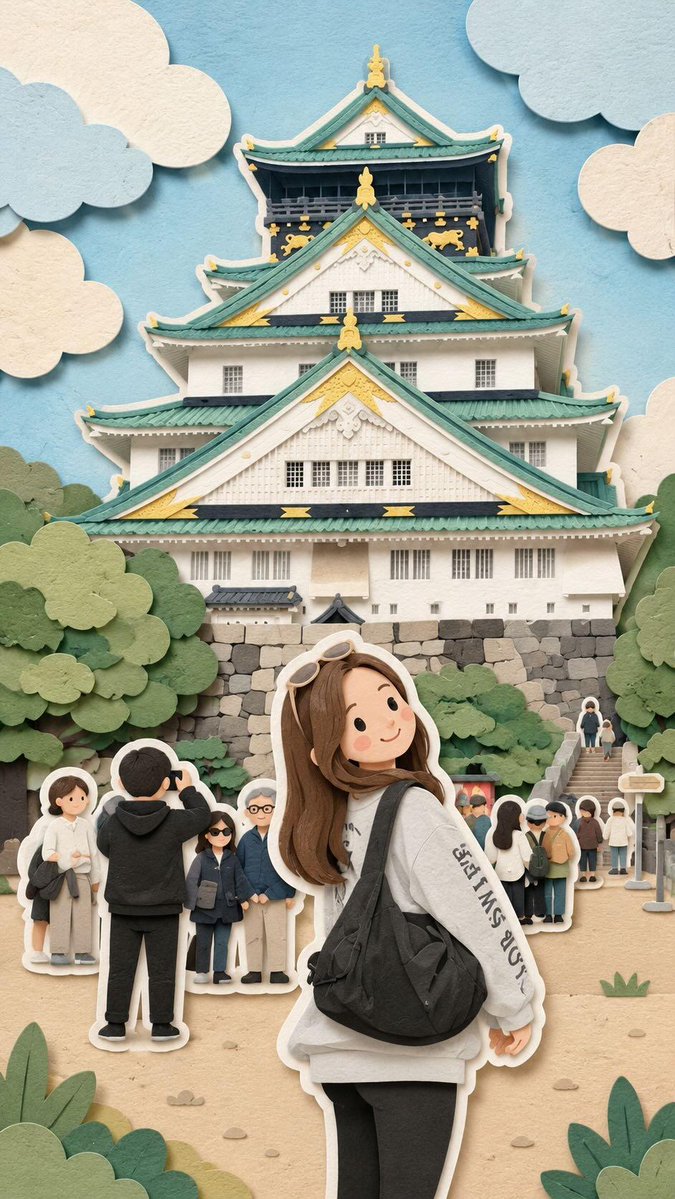 奇趣可爱的旅行立体场景,可爱的剪纸艺术风格,以动漫为灵感的可爱女孩旅行者,有着柔和圆润的脸蛋、红润的脸颊、棕色长波浪卷发、宽松休闲的服装,背着…, 图片 1