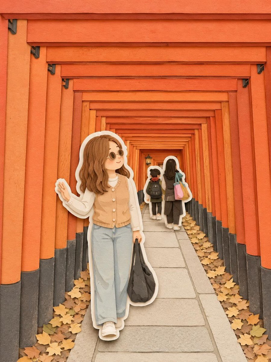 奇趣可爱的旅行立体场景,可爱的剪纸艺术风格,以动漫为灵感的可爱女孩旅行者,有着柔和圆润的脸蛋、红润的脸颊、棕色长波浪卷发、宽松休闲的服装,背着…, 图片 3