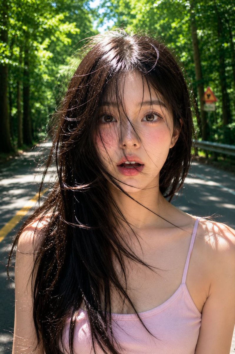 超写实电影感美妆肖像,一位年轻韩国女性,柔软水润的玻璃肌,自然粉红腮红,光泽渐变唇彩,细腻雀斑,蓬松凌乱的碎刘海半遮面容,深色长发随风飘扬,梦…, 图片 2