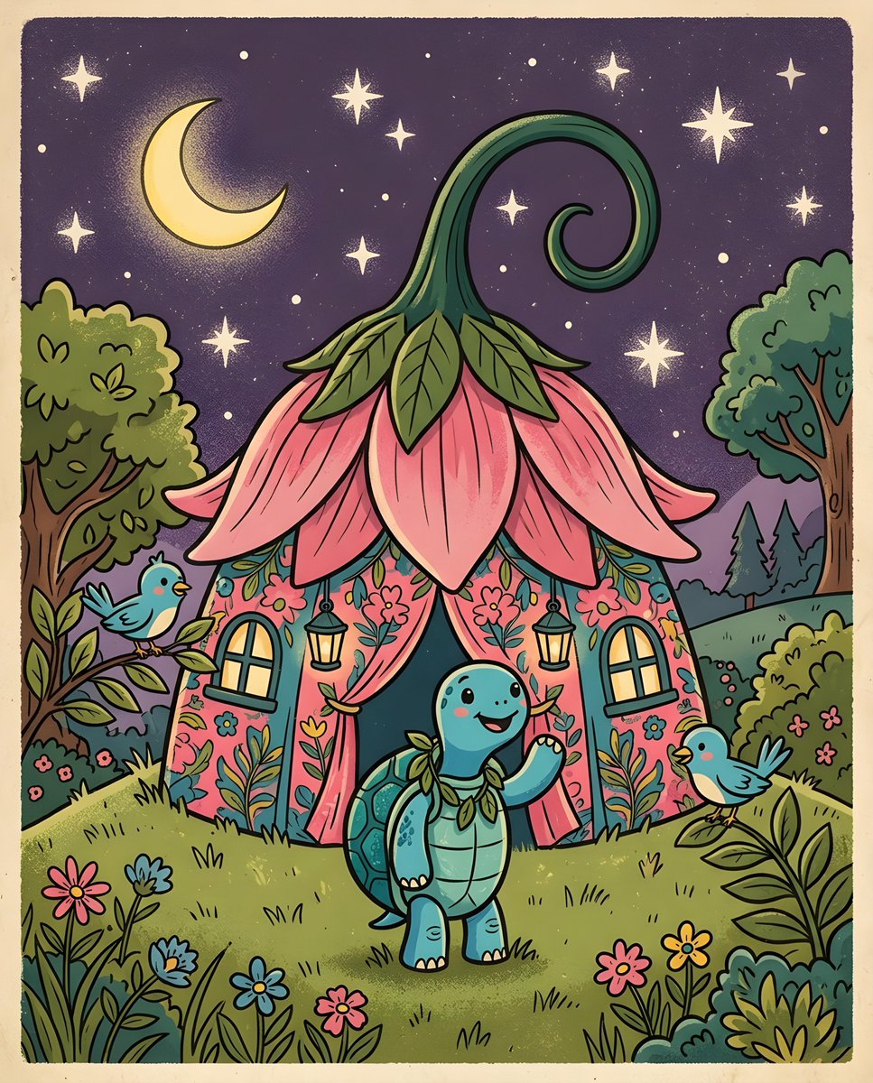 一幅复古风格的卡通插画描绘了一只蓝色乌龟，站在一个粉色的花朵状帐篷状结构前。该结构覆盖着粉色的花瓣状屋顶，屋顶顶端是一根巨大的绿色弯曲茎秆。乌…, 图片 1