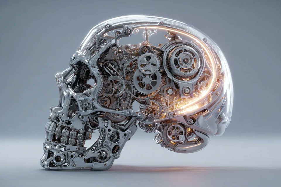 一个机械[subject]，具有中空的骨架结构，展示错综复杂的内部机械、齿轮系统和精密部件。发光的[color1]和[color2]光线从核心…, 图片 4