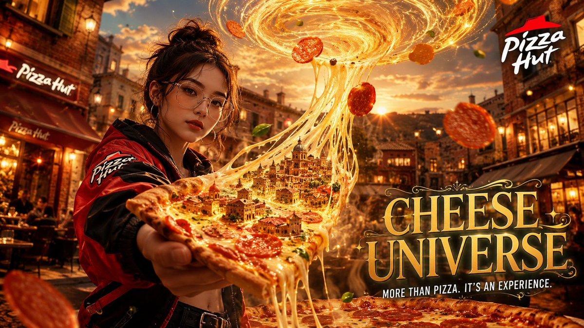 一段超写实电影级美食广告，采用竖屏 9:16 比例，画面中一位时尚年轻女性，身穿现代红黑配色街头风格服饰，戴着透明框眼镜。她手持一片巨大的必胜…, 图片 1