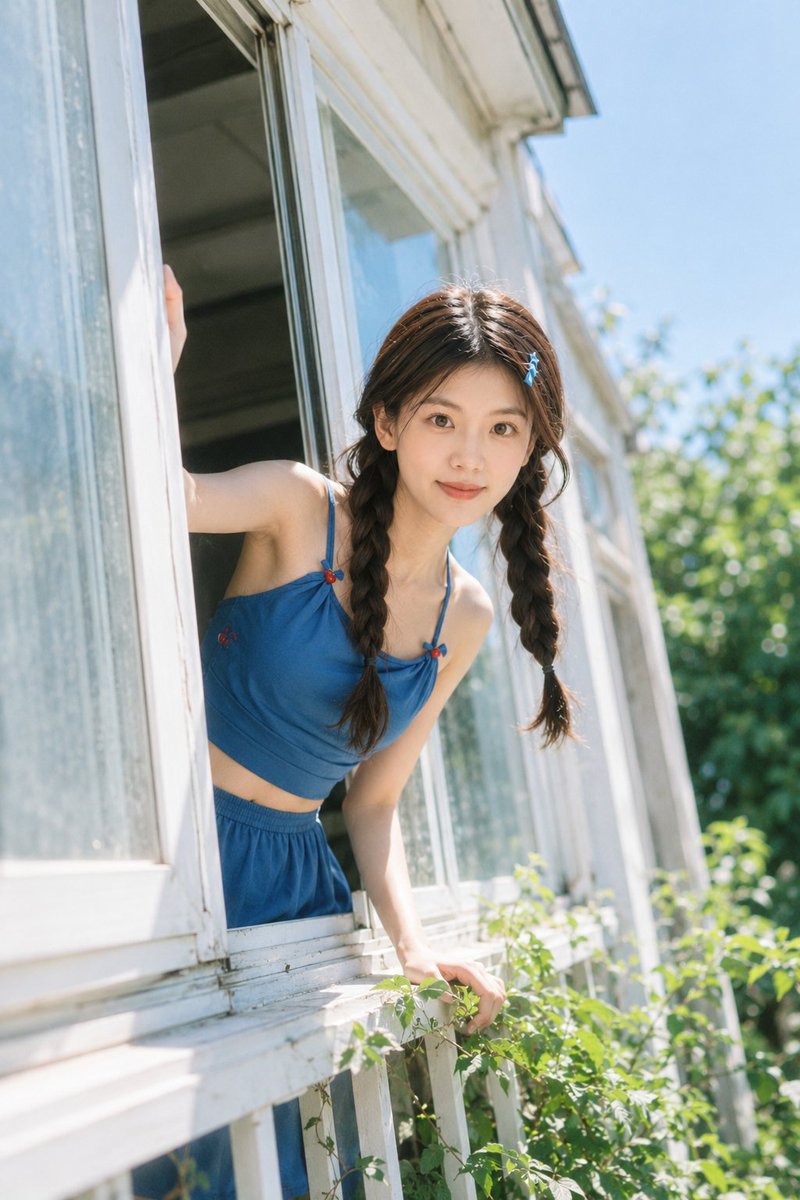 仅将上传的人像照片用于人物的面部特征、发型、发量、肤色和自然表情。将场景重建为一张真实感的电影感夏日照片:人物轻轻倚靠在白色阳台/窗户上,明亮…, 图片 1