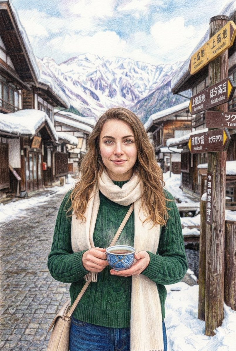 一个中景镜头,描绘一位宁静祥和的高加索女性,留着波浪状的浅棕色长发,有一双富有表现力的绿色眼睛,她面带温柔的微笑,站在一条被白雪覆盖的、充满乡…, 图片 1