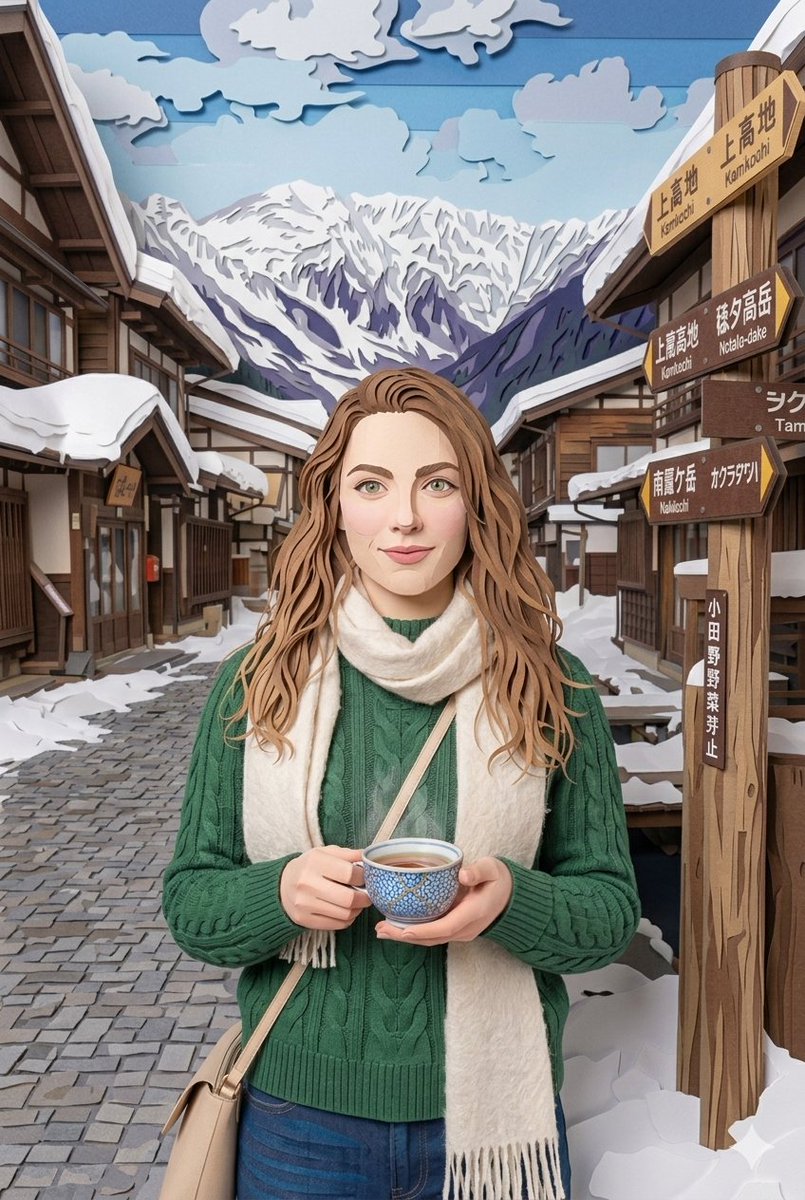 一个中景镜头,描绘一位宁静祥和的高加索女性,留着波浪状的浅棕色长发,有一双富有表现力的绿色眼睛,她面带温柔的微笑,站在一条被白雪覆盖的、充满乡…, 图片 2