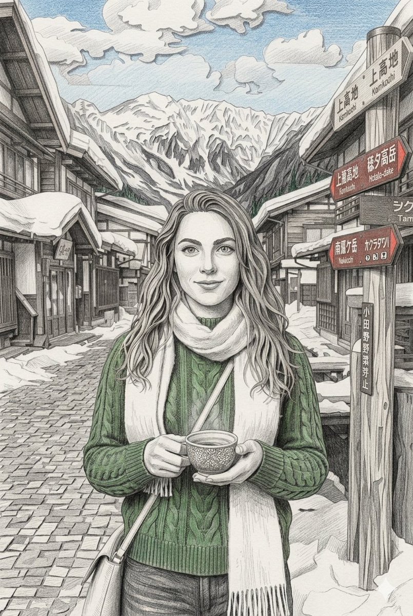 一个中景镜头,描绘一位宁静祥和的高加索女性,留着波浪状的浅棕色长发,有一双富有表现力的绿色眼睛,她面带温柔的微笑,站在一条被白雪覆盖的、充满乡…, 图片 3